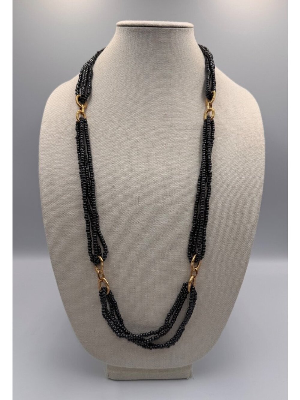 Vintage Louis Feraud Paris Black Glass Bead Multi Strand Necklace 36”